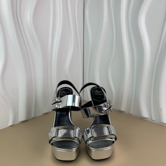 Roger Vivier Silver Leather Platform High Heels With Square Buckle Design Made I - Picture 4 of 9